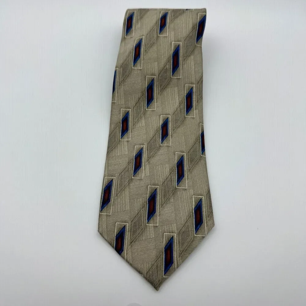 JOS A  BANK Men's Tie Corporate Coll Beige Blue Burgundy Geometric Pattern Silk